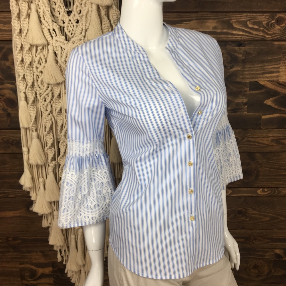 Anne Klein |‎ Striped Lace Bell Sleeve Button Down Blouse